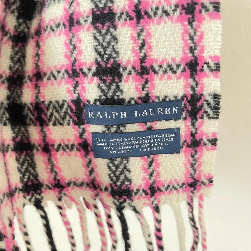 Ralph Lauren Blue Label Pink Plaid Fringe Scarf 100% Lambswool Italy